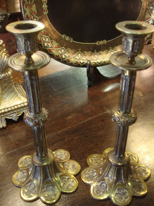 19th century lovely gilded cast brass pair of candlesticks in the gothic style