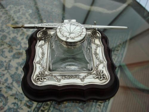 sheffield 1995 english hallmarked solid silver and wood inkstand with inkwell and pen by carrs of sheffield silver makers