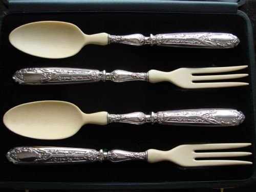 circa 1885 exquisite set comprising two pairs of french solid silver and ivory salad servers in wonderful fitted case by the great french silversmith emile puiforcat