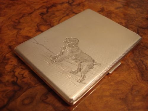 birmingham 1938 large and extremely heavy solid silver cigarette or card case with lovely engraved dog to lid