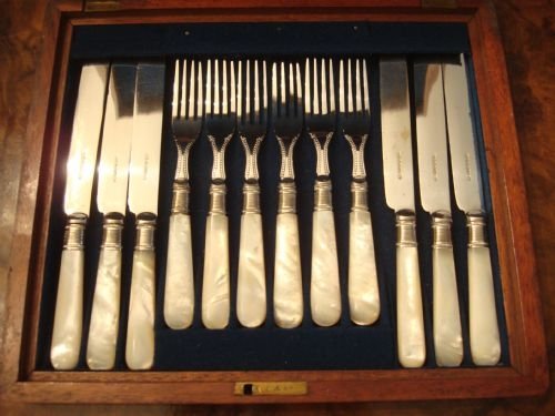 19thc victorian mother of pearl and silver plate dessert canteen in original mahogany case