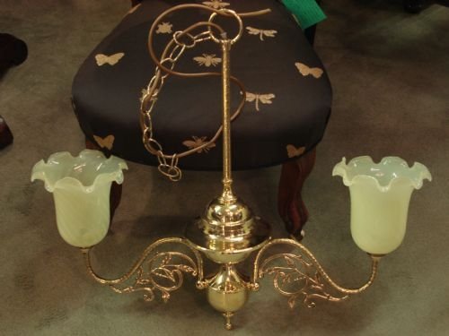 19thc victorian unusual two branch brass chandelier with vaseline glass shades