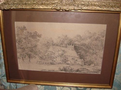 19th century pen and ink drawing of church within a churchyard in gilt frame