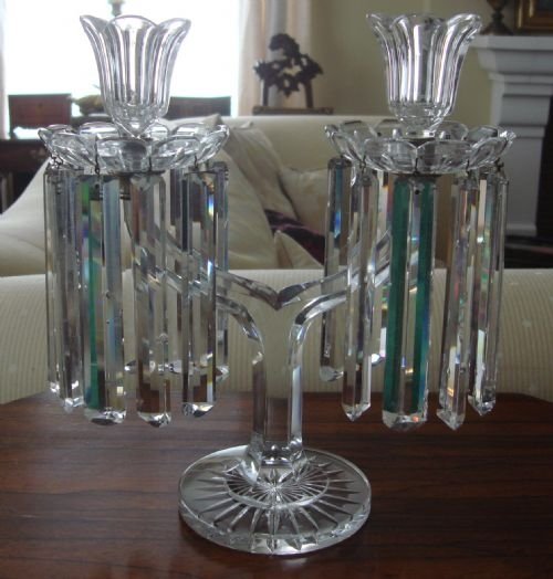 circa 1900 lovely 2 branch glass candelabra lustre with original prism cut drop lustres