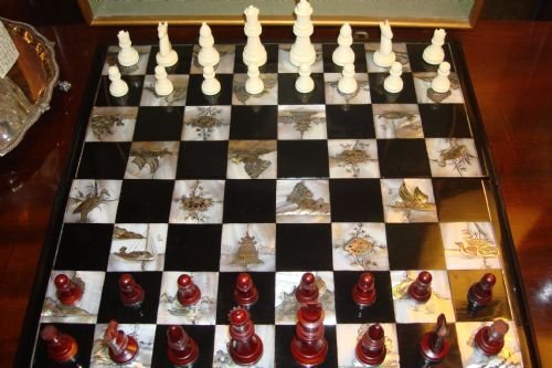vintage stunning mother of pearl inlaid lacquer and ivory chess set